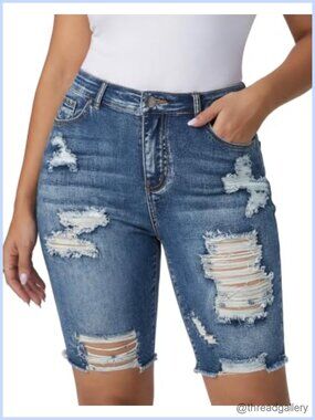 Women's Ripped Bermuda Denim Shorts High Waisted Stretchy Knee Length